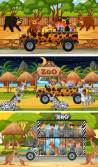 Obraz na płótnie Canvas Set of different safari horizontal scenes with animals and kids cartoon character