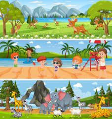 Outdoor panorama landscape scene set with cartoon character