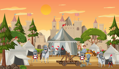 Military medieval camp with tents and warriors