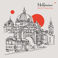 Obraz premium Drawing sketch illustration of Flinder Street Central Station in Melbourne, Australia