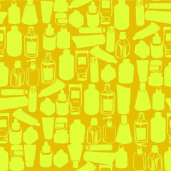 Scin care pruducts vector pattern on the yellow background. Cosmetic bottles silhouette. Beauty is women's duty. Make up routine. 