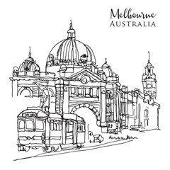 Fototapeta premium Drawing sketch illustration of Flinder Street Central Station in Melbourne, Australia