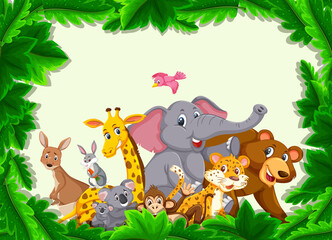 Wild animals group in leaves frame