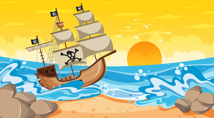 Beach scene at sunset time with Pirate ship in cartoon style - obrazy, fototapety, plakaty