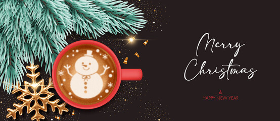 Coffee cup with gold snowflakes and christmas tree branches. Background for greeting card, invitation or advertise