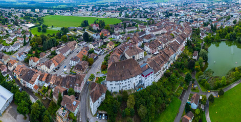 Aerial view around the old town of the city Wil in Switzerland on a overcast day in summer.