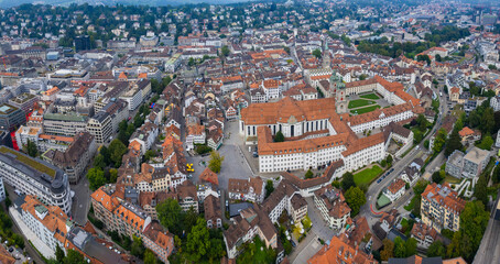 Aerial view of the city St. Gallen in Switzerland on a overcast day in summer.