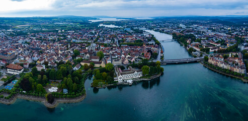 Fototapeta na wymiar Aerial view of the city constance beside the lake Bodensee on a rainy day in summer.