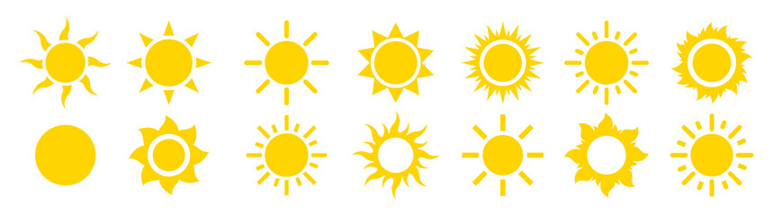 Sun sunshine set vector icons. Flat modern shining symbols collection. Shine sun ray logo or sing. Solar summer icon isolated. Vector illustration.