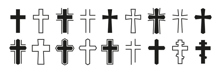 Christian cross vector icon set. Art various black christian cross. Religion symbols isolated on white background. Vector illustration.
