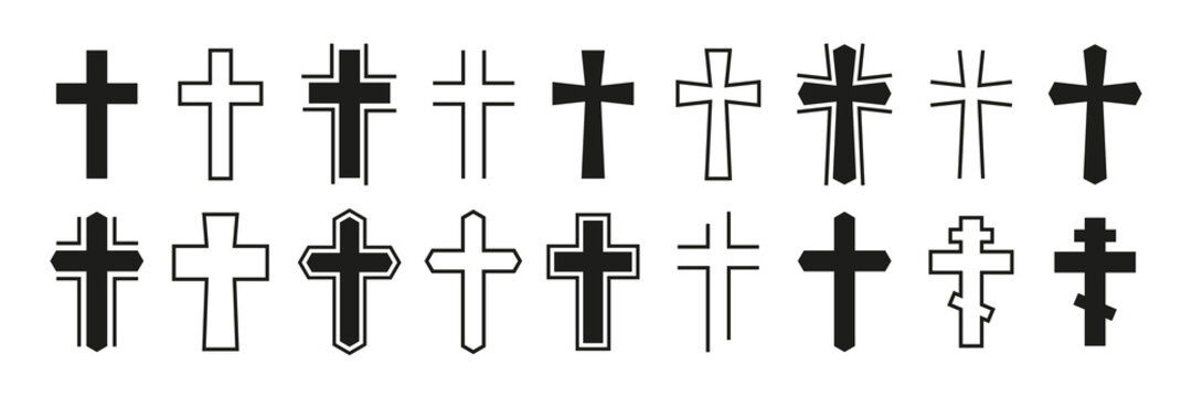Christian cross vector icon set. Art various black christian cross. Religion symbols isolated on white background. Vector illustration.