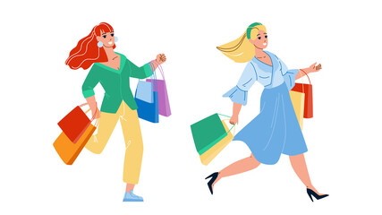 Women Running On Sale Shopping Together Vector. Happy Girls Shoppers With Bag Run On Seasonal Sale Shopping And Buying. Characters Ladies Customers Consumerism Flat Cartoon Illustration