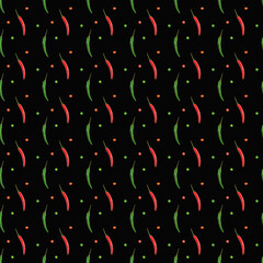 Seamless spice pattern with red and green chili pepper pods vertically, slices of cut red pepper on...