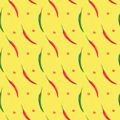 Seamless spice pattern with red and green chili pepper pods diagonally, slices of cut red pepper on...