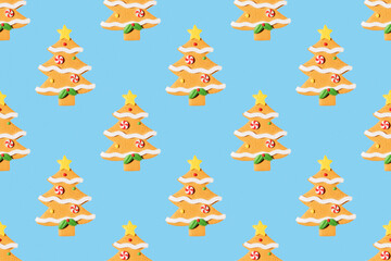 Seamless New Year's pattern from Christmas tree toy in form of spruce tree made of cookies on blue background