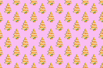 Seamless New Year's pattern from Christmas tree toy in form of spruce tree made of cookies on pink background diagonally