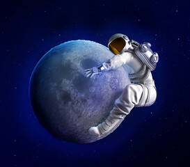 Astronaut hugging the Moon with his hands and legs, 3D illustration - 460274995