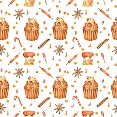 Sweet bake watercolor illustration cupcake mixer cinnamon candy hand drawn seamless pattern on white background 