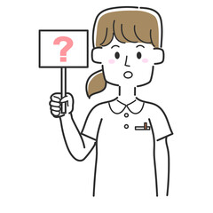 はてなの札を持っている看護師