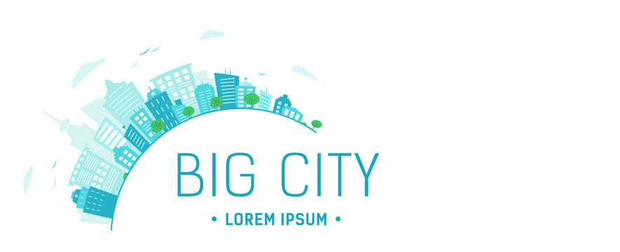 Banner eco city. Round Panorama of city buildings. ecological blue Urban landscape .