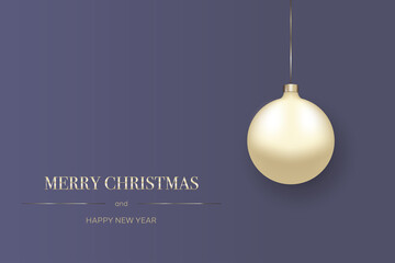 Merry Christmas and Happy New Year, minimalistic greeting card. Very peri color background with hanging Christmas balls 