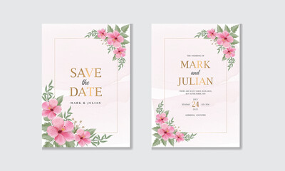 Fototapeta na wymiar Watercolor floral wedding invitation card with hibiscus flower and green leaves, modern vector illustration.