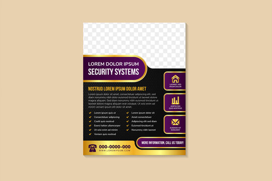 Security Systems Flyer Design Template. Cyber Security Protection Poster Leaflet Design. A4 Template With Hexagon Pattern, Print-ready. Combination Purple And Gold Element And Black Background