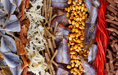 Beer snacks, pattern, top view