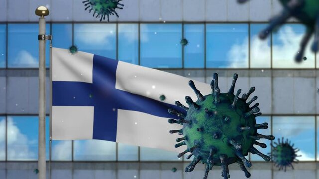 3D, Finlandian flag waving with modern skyscraper city and coronavirus outbreak as dangerous flu. Influenza type Covid 19 virus with national Finland banner blowing at background. Pandemic concept