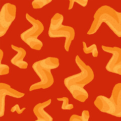 Fried crispy chicken wings seamless pattern on red background. Cartoon roasted fast food vector eps illustration