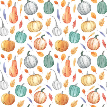 Colourful pumpkins and leaves, seasonal autumn seamless pattern. Hand painted watercolor illustration