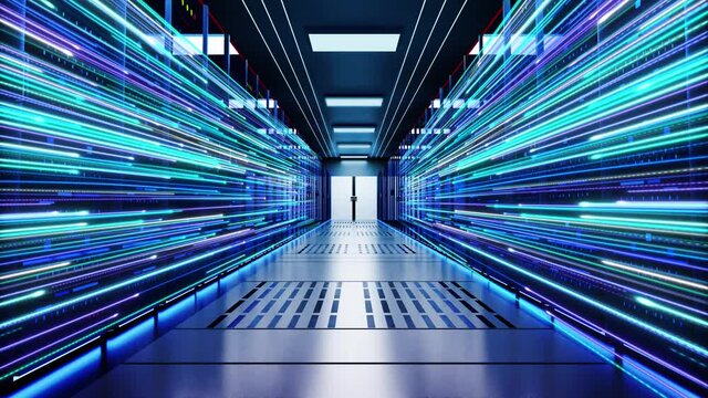 Server Room Networking Digital Social Connection Loop Background. Digital Media and Futuristic Technology. Data Center Servers and Supercomputers with High Speed Inernet Visualization Projection.