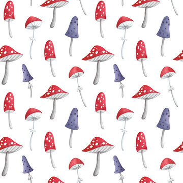 Red and purple amanita mushrooms seamless pattern. Halloween pattern, hand painted watercolor illustration