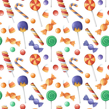 Halloween candy seamless pattern. Many types spooky dessert. Colorful treats background