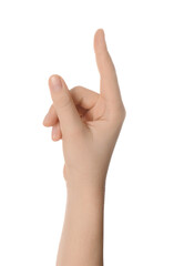 Woman showing index finger isolated on white, closeup