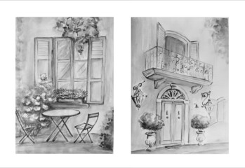 Watercolor of old city, illustration art