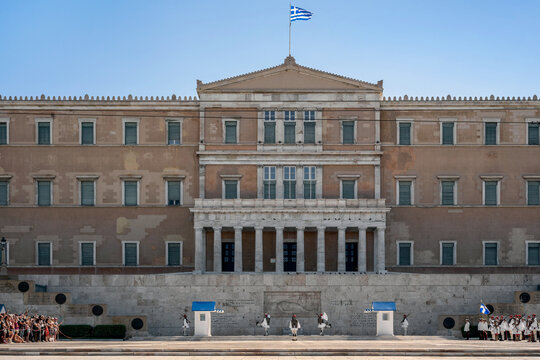 The Ceremonial Change of the greek Presidential Guard that take place every Sunday morning at the Unkown Soldier Tomb memorial in front of the greek Parliament