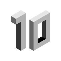 Gray number 10 in isometric style. Isolated on white background. Learning numbers, serial number, price, place.