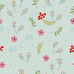 Christmas seamless pattern with elements of winter flowers, poinsettia, grey background.