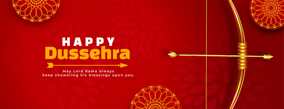 realistic happy dussehra festival banner with bow and arrow