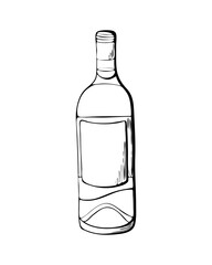 Wine bottle stylized hand drawing doodling, black outline, silhouette, sketch, isolated, white background. Vector illustration