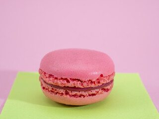 Pink macaroon lying on pink background
