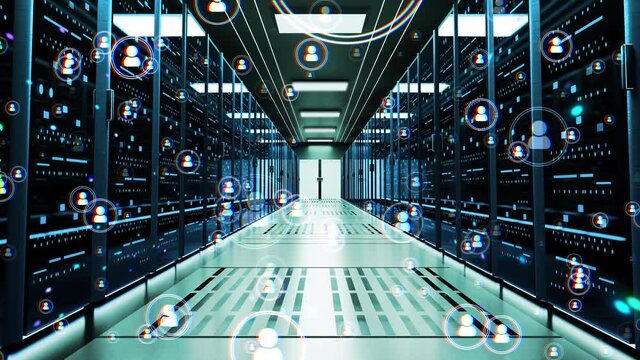 4k Loop Digital animation of people icon popping on the screen with a background data server room. cloud storage Server racks installs and system administrators set up the hosting software.