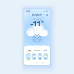 Snowy weather forecast daytime mode smartphone interface vector template. Temperature overcast. Mobile app page design layout. Climate overcast screen. Flat UI for application. Phone display