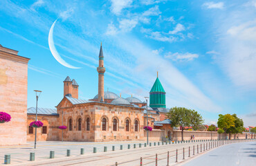 Fototapeta na wymiar Mevlana museum mosque with crescent moon - Konya, Turkey