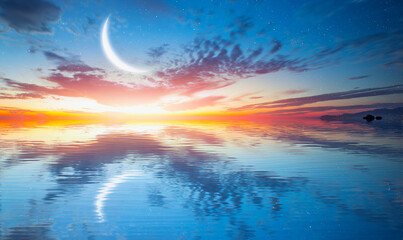 Obraz premium Abstract background with Crescent moon over the sea at sunset