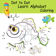 Fish. Learning the uppercase letters of the English alphabet with cartoon Fish. Dot to dot game with letters for kids. Logic Game and Coloring Page for preschool. Worksheet for practicing alphabet.