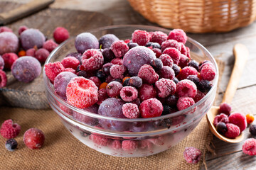 Healthy eating. Frozen berries in a bowl. Assorted berries. Vitamins. Vegetarian, vegan. Summer food. Useful, proper nutrition. Baby food.World food day.