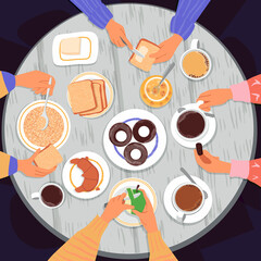 Hands peeling a green apple. Hands with a mug of coffee and a candy. Hands spreading butter on bread. Hand holds a spoon over a plate of porridge. Family or friendly breakfast. Top view. Flat style