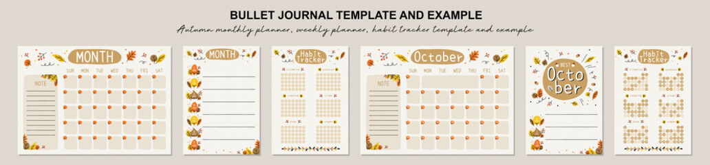 Autumn monthly planner, weekly planner, habit tracker template and example.  Template for agenda, schedule, planners, checklists, bullet journal, notebook and other stationery.